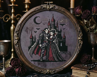 Patrón de punto de cruz de la realeza vampírica: Pareja real en un castillo iluminado por la luna, bordado de terror romántico (PDF)