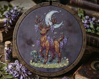 Fantasy Deer Cross Stitch Pattern: Moonlit Stag Wisteria Forest Embroidery (PDF)