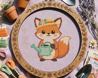 Fox Cross Stitch Pattern: Spring Gardening Animal with Watering Can Embroidery (PDF)