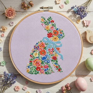 Floral Bunny Cross Stitch Pattern: Spring Wildflower Rabbit Silhouette Embroidery (PDF)