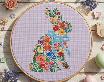 Floral Bunny Cross Stitch Pattern: Spring Wildflower Rabbit Silhouette Embroidery (PDF)