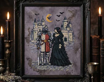 Medieval Gothic Cross Stitch Pattern: Knight Couple Under Moon, Castle Embroidery (PDF)