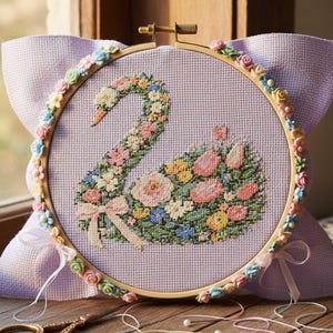May include: A cross-stitch embroidery hoop featuring a swan design. The swan is composed of colorful flowers and greenery on a lavender background. The wooden hoop is adorned with small, colorful floral embellishments. A pink bow is tied at the bottom.