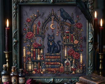Gothic Black Cat Library Cross Stitch Pattern: Gothic Raven Book Nook Embroidery PDF
