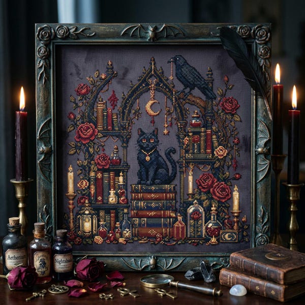 Gothic Black Cat Library Cross Stitch Pattern: Gothic Raven Book Nook Embroidery PDF