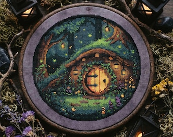 Enchanted Forest Cottage Cross Stitch Pattern: Magical Hobbit House Night Embroidery (PDF)