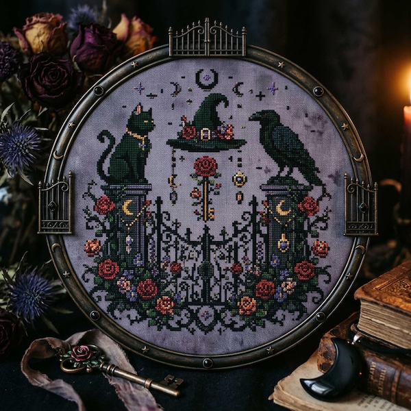 Witchy Black Cat Cross Stitch Pattern: Raven Moon Gothic Floral Garden Embroidery (PDF)