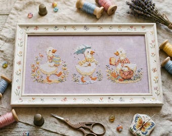 Easter Duck Trio Cross Stitch Pattern: Cottagecore Spring Nursery Embroidery (PDF)