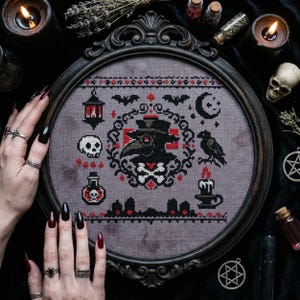 Könnte beinhalten: Ein gerahmtes, rundes Kreuzstichmuster mit einem Pestdoktor-Design in Schwarz, Rot und Weiß. Das gotische Kunstwerk zeigt Fledermäuse, einen Totenkopf, einen Raben und einen Mond. Der Rahmen ist aus dunklem Holz, der Hintergrund ist violett.