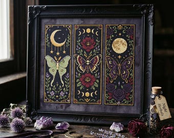 Moon Moth Bookmark Cross Stitch Pattern: Gothic Floral Celestial Embroidery (PDF)