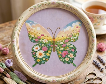 Floral Butterfly Cross Stitch Pattern: Meadow Flower Wings Spring Garden Embroidery (PDF)