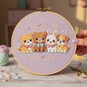 Puede incluir: Bordado de punto de cruz en un aro de madera con cuatro adorables animales de dibujos animados: un gato, un oso, un conejo y un perro. Cada uno lleva una pajarita o lazo. El fondo es de color lila claro con corazones y estrellas.