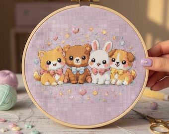 Animal Friends Cross Stitch Pattern: Fox Bear Bunny Puppy Nursery Embroidery (PDF)