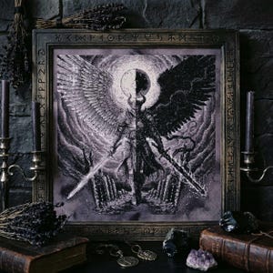May include: Framed artwork depicting a split image of an angel and a demon, each with a sword. The angel side is white, and the demon side is black. The frame is dark brown with etched symbols.