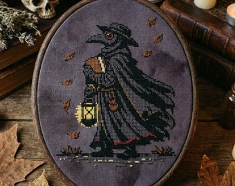 Plague Doctor Cross Stitch Pattern: Gothic Lantern Wanderer Dark Book Fantasy Embroidery (PDF)