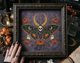 Halloween Skull Moth Cross Stitch Pattern:Crescent Moon, Pumpkins, Ghosts Embroidery (PDF)