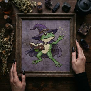 Może przedstawiać: Sztuka haftu krzyżykowego przedstawiająca zieloną żabę czarodzieja w fioletowym kapeluszu i pelerynie, trzymającą książkę. Żaba jest oprawiona w drewnianą ramę. Tło jest stonowane fioletowe. Słowo "SPELL" znajduje się na małej książce w tle.