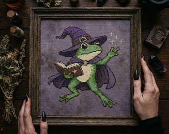 Frog Wizard Cross Stitch Pattern: Fantasy Mage Frog with Spell Book Embroidery (PDF)