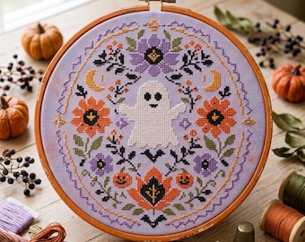 Ghost Floral Cross Stitch Pattern: Halloween Pumpkin Folk Sampler Embroidery (PDF)