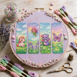 以下が含まれることがあります： 4つのクロスステッチのしおりのデザインが施された刺繍枠。各しおりには、ユニコーン、妖精、ドラゴン、蝶など、さまざまな空想上の生き物がカラフルな風景の中に描かれています。刺繍枠は、刺繍糸、ビーズ、その他の工芸品で囲まれています。