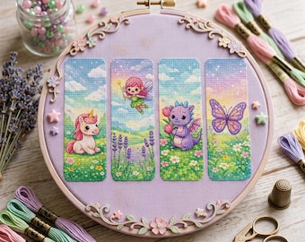 Fantasy Bookmark Cross Stitch Pattern Set: Unicorn Fairy Dragon Butterfly Embroidery (PDF)