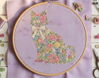 Botanical Cat Cross Stitch Pattern: Spring Wildflower Floral Animal Embroidery (PDF)