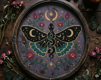 Celestial Moth Cross Stitch Pattern: Lunar Moon Butterfly Floral Embroidery (PDF)