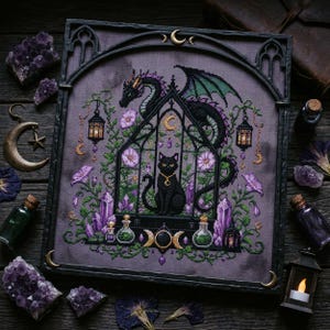 May include: A cross-stitch embroidery piece featuring a black cat sitting inside a gothic archway, surrounded by a green dragon, purple flowers, crystals, and hanging lanterns. The design is framed in a black arched frame with moon accents.