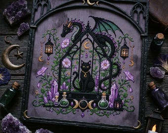 Green Dragon Black Cat Cross Stitch Pattern: Gothic Dragon Greenhouse Embroidery PDF