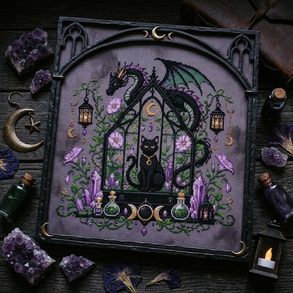 Green Dragon Black Cat Cross Stitch Pattern: Gothic Dragon Greenhouse Embroidery PDF