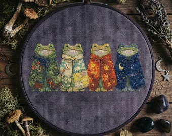Four Seasonal Frog Cross Stitch Pattern: Spring Summer Autumn Winter Woodland Embroidery (PDF)