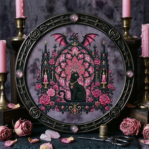 Fantasy Dragon Black Cat Cross Stitch Pattern: Gothic Dragon Rose Window Embroidery (PDF)