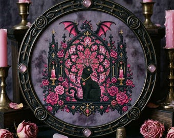 Fantasy Dragon Black Cat Cross Stitch Pattern: Gothic Dragon Rose Window Embroidery (PDF)