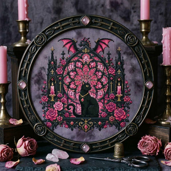 Fantasy Dragon Black Cat Cross Stitch Pattern: Gothic Dragon Rose Window Embroidery (PDF)