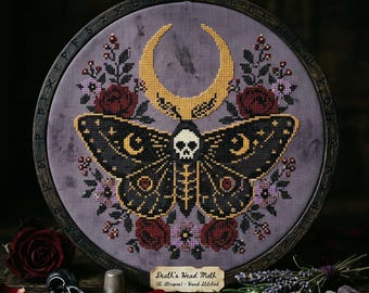 Gothic Moth Cross Stitch Pattern: Dark Floral Skull Moon Red Rose Embroidery (PDF)