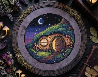Enchanted Forest Home Cross Stitch Pattern: Glowing Hobbit Cottage Night Embroidery (PDF)