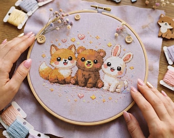 Woodland Animal Cross Stitch Pattern: Fox Bear Rabbit Friendship Embroidery (PDF)