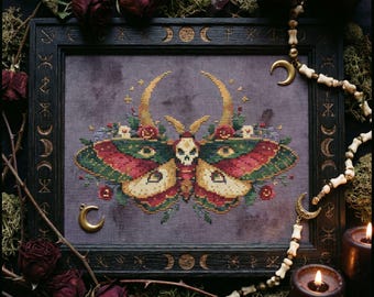Celestial Skull Moth Cross Stitch Pattern: Moon Rose Butterfly Gothic Embroidery (PDF)