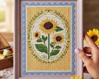 Sunflower Botanical Cross Stitch Pattern: Folk Floral Oval Frame Cottage Garden Embroidery (PDF)