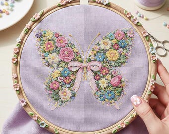 Floral Butterfly Cross Stitch Pattern: Spring Cottagecore Flower Wings Garden Embroidery (PDF)