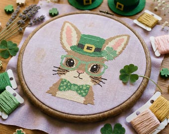 Lucky Leprechaun Bunny Cross Stitch Pattern: St. Patrick’s Day Shamrock Bunny Embroidery (PDF)