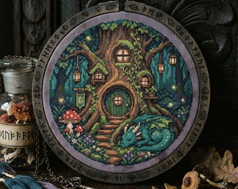 Treehouse Dragon Cross Stitch Pattern: Fantasy Forest Cottage Mushroom Embroidery (PDF)