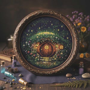 May include: A framed cross-stitch depicting a hobbit hole nestled in a hillside, with a round wooden door and glowing windows. The artwork is framed in a detailed, ornate wooden frame. The scene is filled with colorful flowers and foliage, creating a whimsical, fantasy-themed piece.