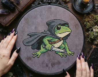 Frog Assassin Cross Stitch Pattern: Fantasy Rogue Frog with Dagger Embroidery (PDF)