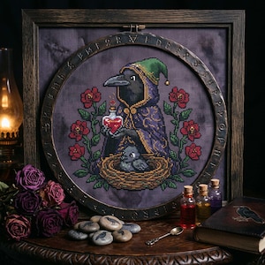 Gothic Raven Wizard Cross Stitch Pattern: Magic Potion Bird Nest Embroidery PDF