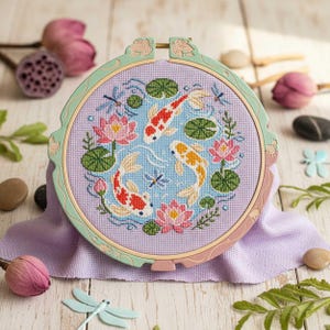 May include: A circular embroidery hoop containing a cross-stitch pattern on light purple fabric. The design features three koi fish in red, white, and orange, surrounded by pink lotus flowers, green lily pads, and small blue dragonflies.