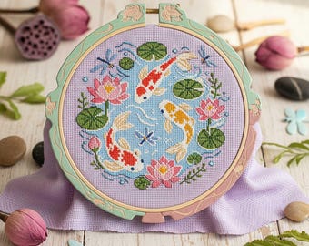 Koi Pond Cross Stitch Pattern: Lotus Flowers Lily Pads Water Garden Embroidery (PDF)
