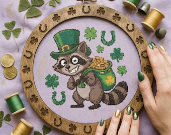 St. Patrick’s Raccoon Cross Stitch Pattern: Lucky Clover & Gold Embroidery (PDF)