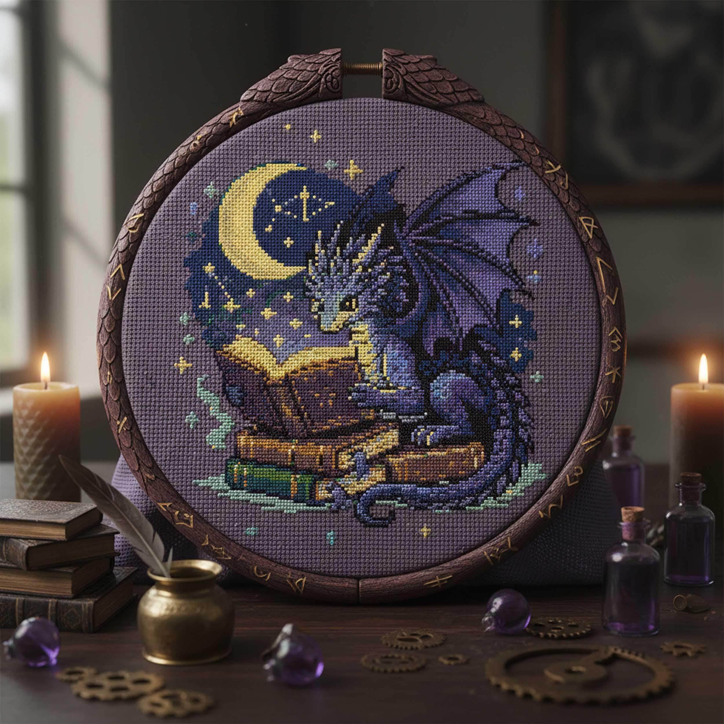 Moon Dragon Cross Stitch Pattern: Night Fantasy Dragon Reading Magic ...