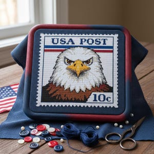 May include: Cross-stitch art of a bald eagle on a postage stamp design, framed in a square with red and blue accents. The stamp reads "USA POST" and "10c". Buttons, thread, and scissors are arranged around the framed art.
